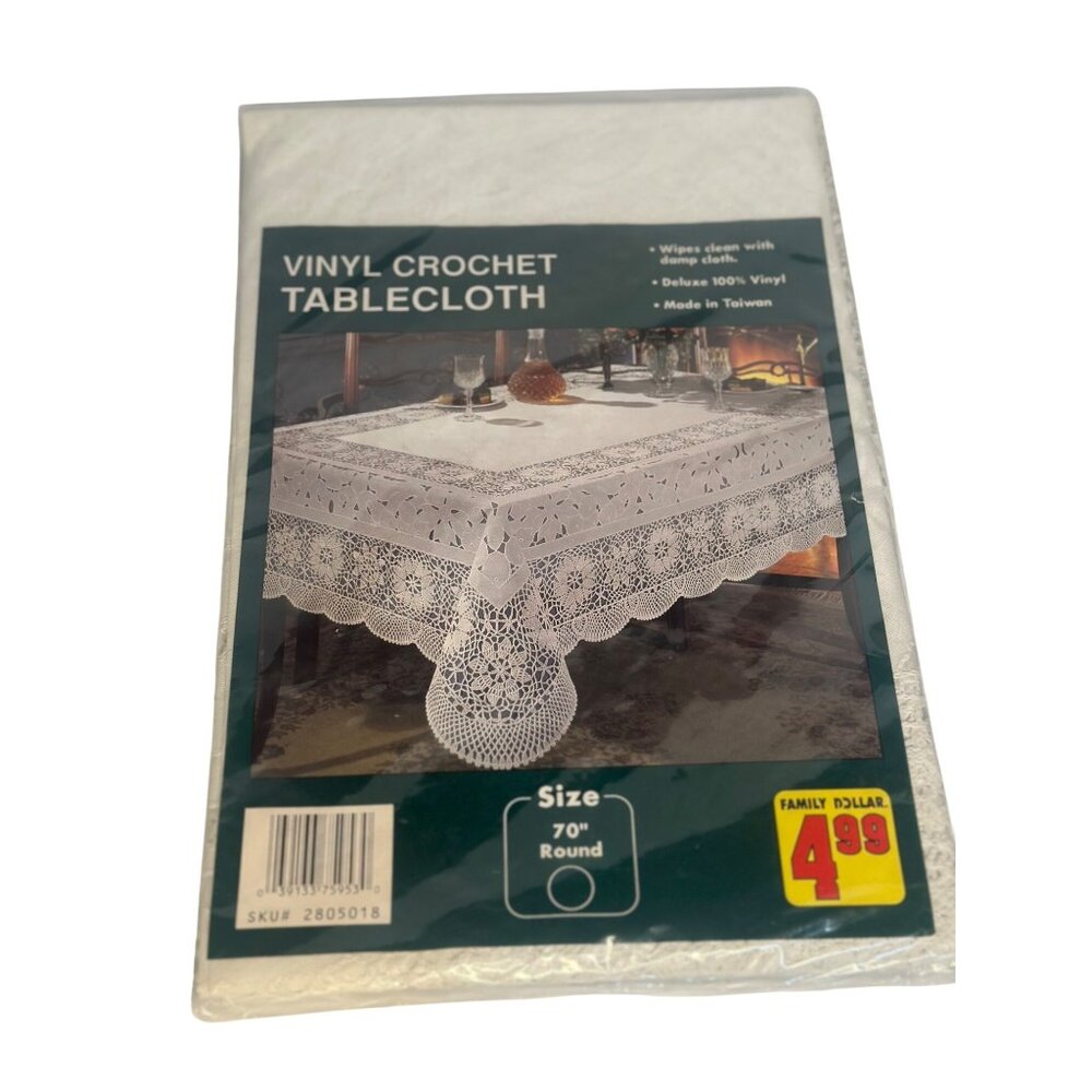 NEW VTG White Vinyl Crochet Tablecloth 70" Round Lace Wipe‎ Clean Elegant Decor